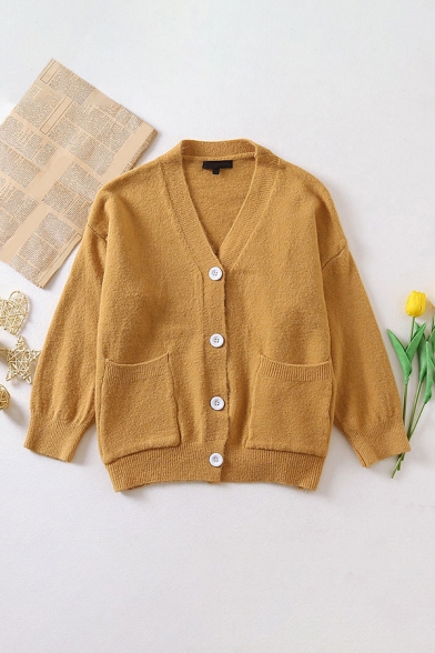 

Basic Ladies Solid Color Long Sleeve V-neck Button Up Knit Relaxed Cardigan, Green;pink;yellow, LM687169