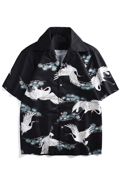 Basic Mens Shirt Pine Tree Crane Pattern Button-down Half Sleeve Notch Collar Relaxed Fit Shirt