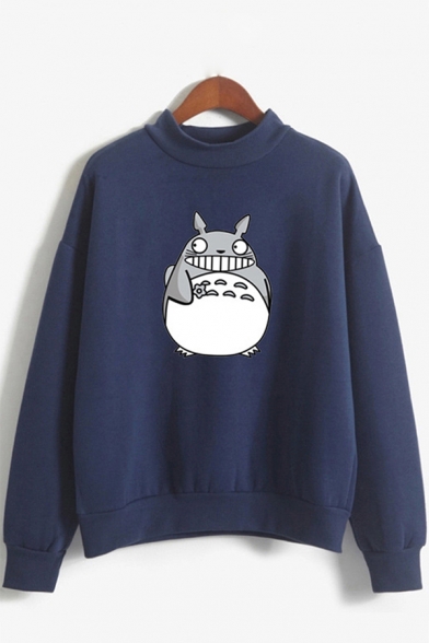 Cartoon Totoro Printed Mock Neck Long Sleeve Loose Fit Pullover Sweatshirt