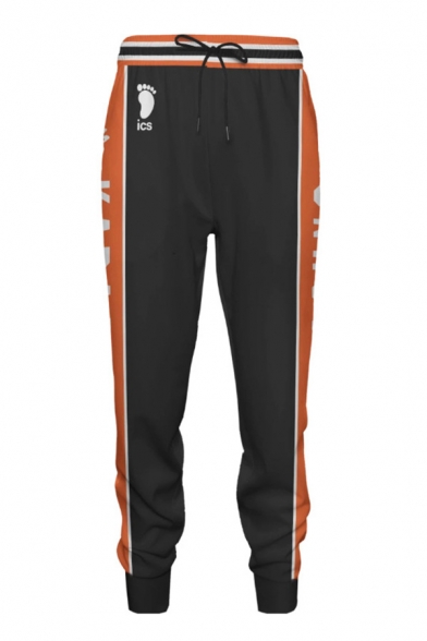 Casual Letter Karasuno Graphic Contrasted Drawstring Waist Cuffed Ankle Tapered Fit Sweatpants in Black