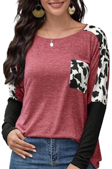 Casual Womens Cow Printed Color Block Chest Pocket Boat Neck Long Sleeve Oversize T-shirt