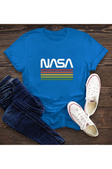 Chic Rainbow Striped Letter Nasa Print Round Neck Roll Up Short Sleeve Regular Fit T-Shirt for Women