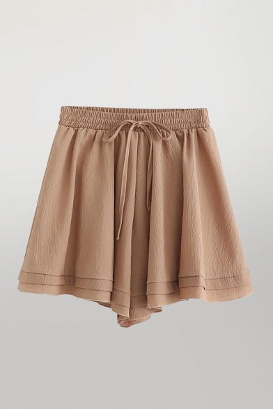 Chic Womens Shorts Solid Color Double Layers Bow Pleated High Rise Elastic Shorts