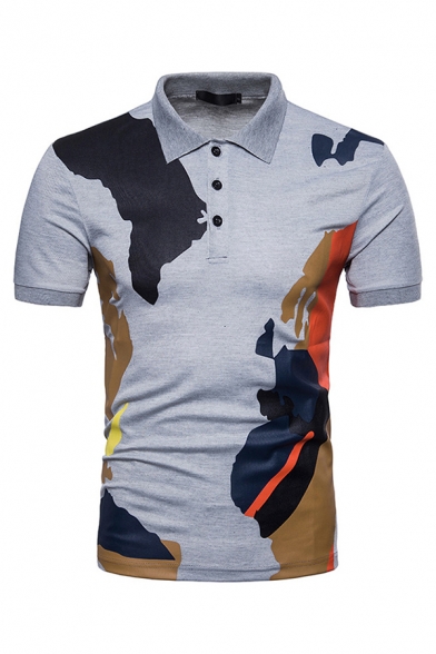 Classic Mens Polo Shirt Multicolored Abstract Painting Turn-down Collar Button Detail Short Sleeve Slim Fit Polo Shirt