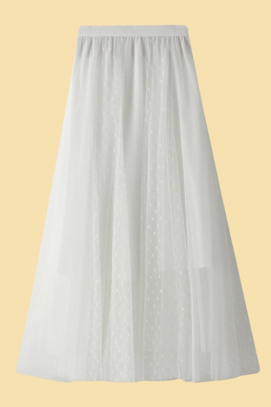 Classic Womens A-Line Skirt Polka Dot Mesh High Elastic Waist Midi A-Line Skirt