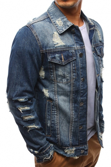 Cool Mens Jacket Faded Wash Ripped Flap Chest Pockets Button up Turn-down Collar Long Sleeve Slim Fitted Denim Jacket