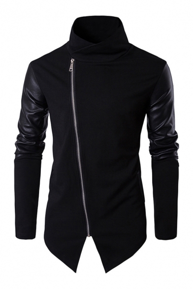 Cool Mens Jacket Oblique Zipper High Neck Slim Fitted Long Patchwork Sleeve Leather Jacket
