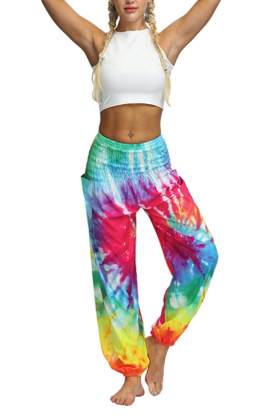 Cool Womens 3D Pants Circular Tie Dye Cuffed Mid Elastic Rise Loose Fitted 7/8 Length Relaxed Pants