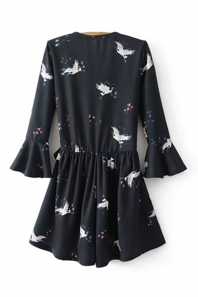 Cool Womens Rompers Crane Flower Printed Bow-Tie Detail 3/4 Flare Cuff Sleeve Surplice Neck Loose Fitted Rompers