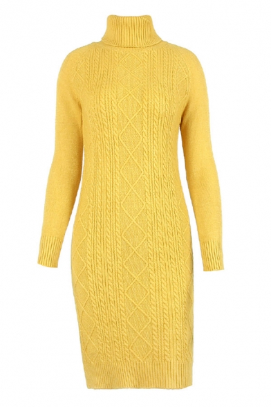 Elegant Ladies Solid Color Long Sleeve Turtleneck Slit Sides Midi Sheath Sweater Dress