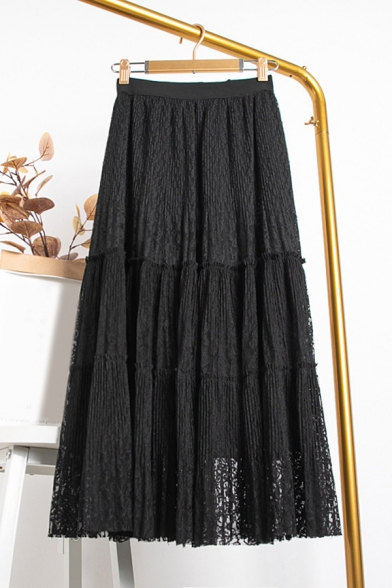 Fancy Skirt Plain Pleated Mesh Double Layers High Rise Elastic Maxi A-Line Skirt for Girls