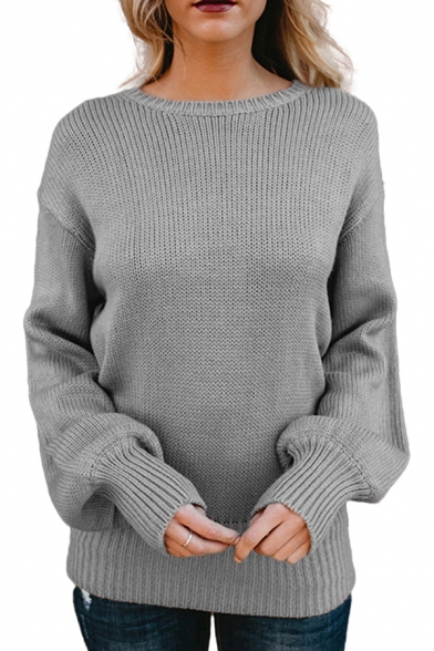 Fashion Womens Solid Color Bow Tie Back Backless Round Neck Bishop Long Sleeve Oversized Pullover Sweater-Knit Top