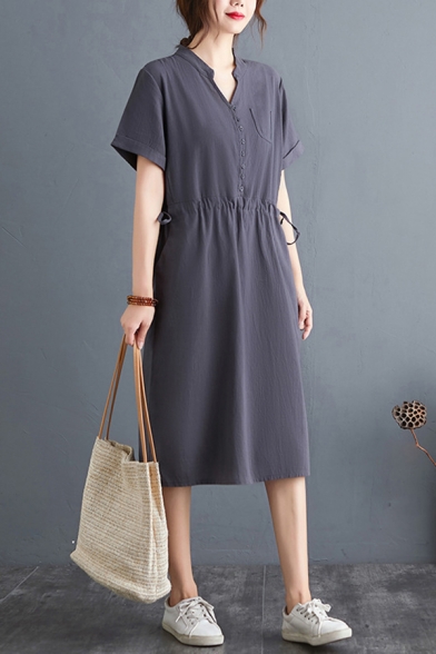 Ladies Retro Solid Color Roll Up Sleeve V-neck Button Up Drawstring Waist Mid Swing Dress