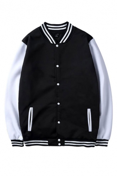 Color Block Contrast Striped Printed Button Down Long Sleeve Baseball Jacket