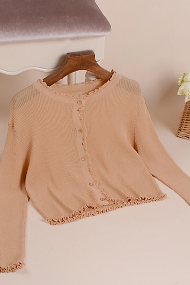 Lovely Girls Solid Color Button Up Lettuce Trim Crew Neck Long Sleeve Regular Fit Cropped Knitted Sweater