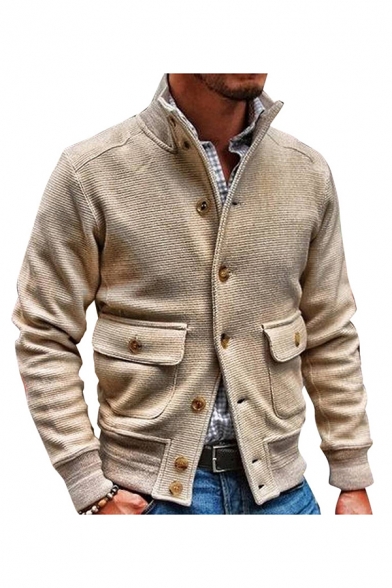 Mens Jacket Trendy Front Flap Pockets Polyester Fibre Button up Turn-down Collar Long Sleeve Slim Fitted Casual Jacket