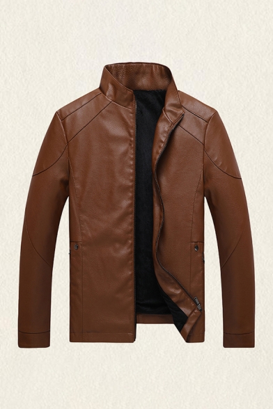 Mens Leather Jacket Trendy Solid Color Zipper Detail Mock Neck Regular Fit Long Sleeve Leather Jacket