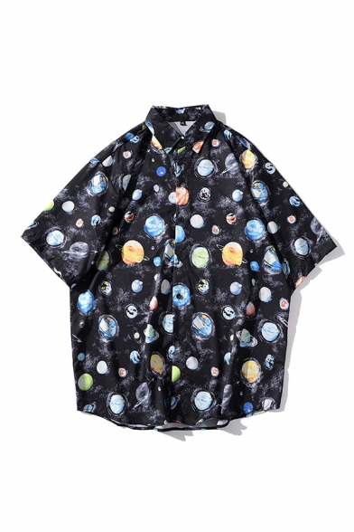 Mens New Trendy Navy Allover Planet Print Short Sleeve Fitted Cotton Shirt
