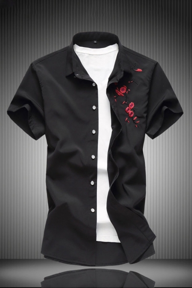 Mens Shirt Unique Plum Blossom Embroidery Button-down Short Sleeve Turn-down Collar Slim Fitted Shirt
