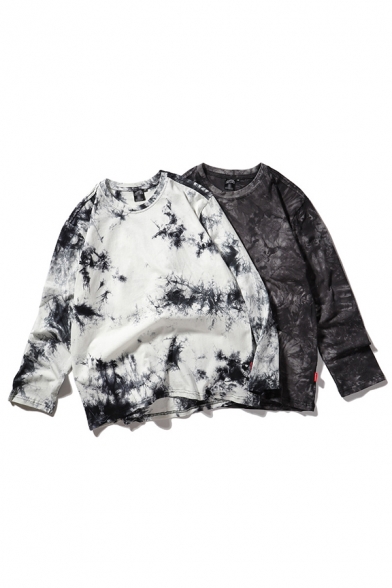 Mens T-Shirt Fashionable Tie Dye Loose Fitted Long Sleeve Round Neck T-Shirt