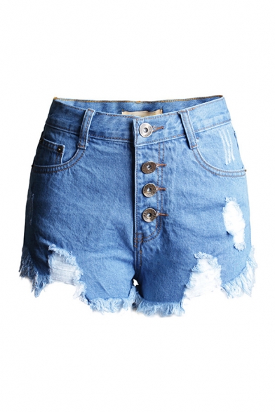 Novelty Womens Blue Shorts Faded Wash Distressed Asymmetric Frayed Hem High Waist Button Fly Regular Fitted Denim Shorts
