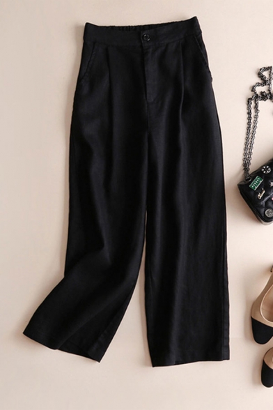 Novelty Womens Pants Plain Linen Partially Elastic Waist Ankle Length Loose Fitted Straight Relaxed Pants