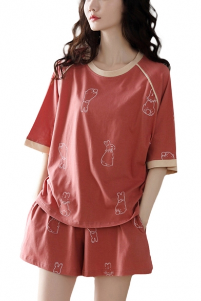 Pop Ladies All Over Printed Contrast Trim Crew Neck Half Sleeve Plus Size Tee Top & Shorts Pajama Set in Red