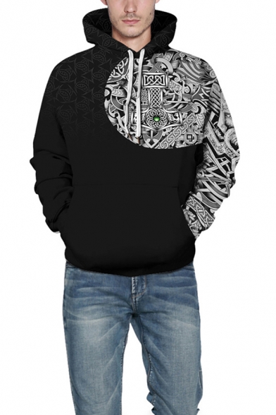 Popular 3D Hoodie Color Block Viking Myth Gem Crack Pattern Drawstring Pocket Regular Fitted Long-sleeved Hooded Sweatshirt for Men