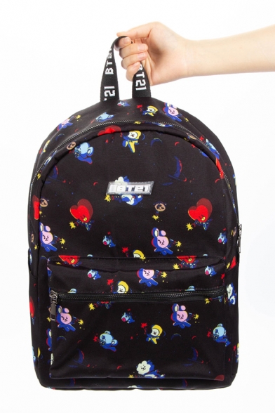 Popular All Over Mixed Cartoon Print Large Capacity Backpack in Black