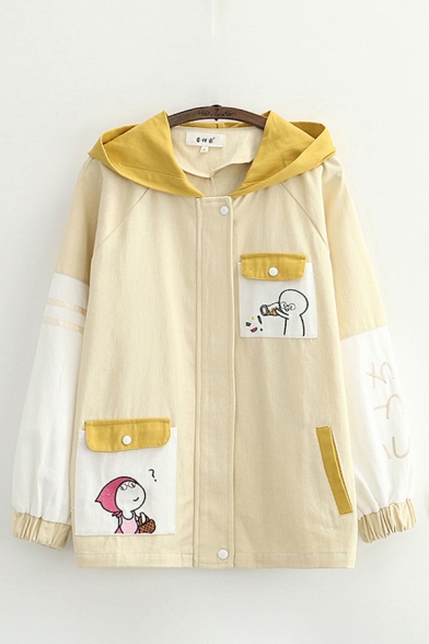 Preppy Looks Japanese Letter Embroidered Cartoon Print Contrasted Flap Pockets Long Sleeve Hooded Relaxed Jacket