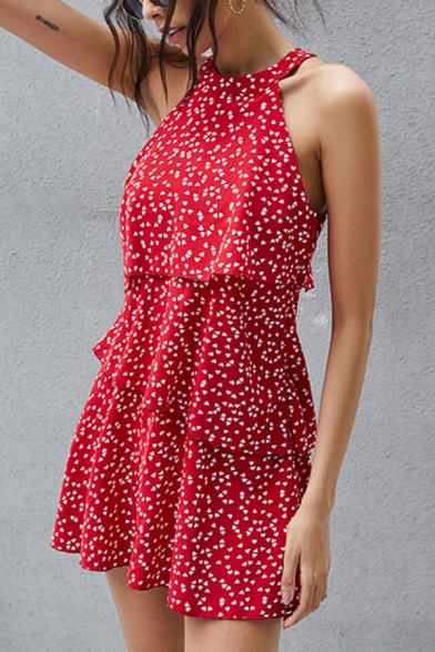 Pretty Allover Heart Pattern Sleeveless Crew Neck Ruffled Tiered Short Pleated A-line Dress in Red