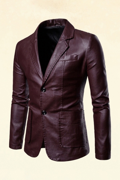 Retro Mens Jacket Notch Collar Button Detail Slim Fitted Long Sleeve Leather Jacket with Pockets