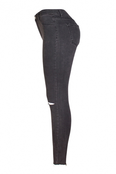 Retro Womens Jeans Dark Wash Frayed Hem Knee Hole Zipper Fly Slim Fit 7/8 Length Tapered Jeans