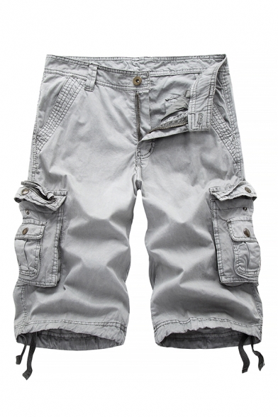 Simple Men's Solid Color Zip-fly Pockets Distressed Longline Regular Fit Denim Shorts