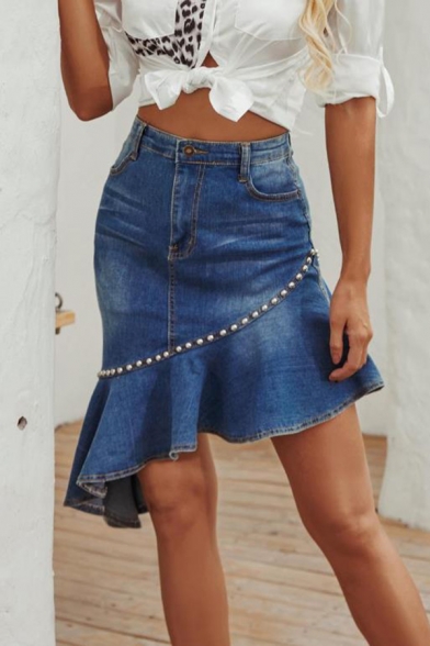 Stylish High Waist Zipper Asymmetrical Ruffle Denim Mid Length Skirt
