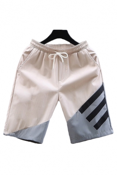 Stylish Mens Shorts Striped Pattern Colorblock Pocket Drawstring Cuffed Mid Rise Regular Fitted Shorts
