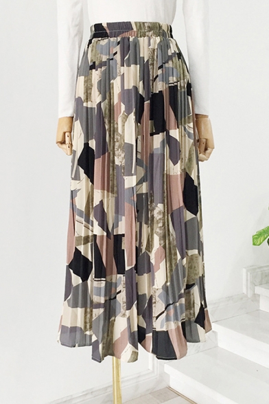 Stylish Skirt Abstract Pattern Colorblock Pleated High Waist Elastic Maxi A-Line Skirt for Girls