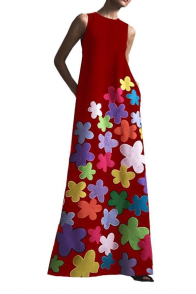 Summer Womens Chic Floral Round Neck Sleeveless Maxi Tank Dress