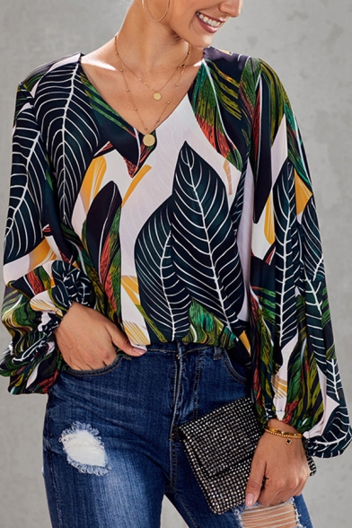 Trendy Womens All over Printed V Neck Bishop Long Sleeve Loose Fit Shirt