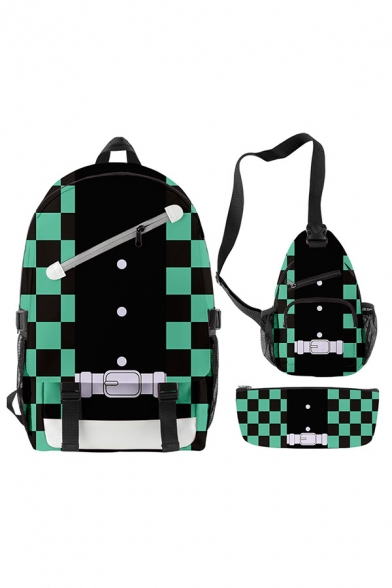 Unisex Fashion Japanese Anime Demon Slayer Buckle Embellished Slash Zipper Backpack & Zip-Pocket Shoulder Bag & Pencil Case Set