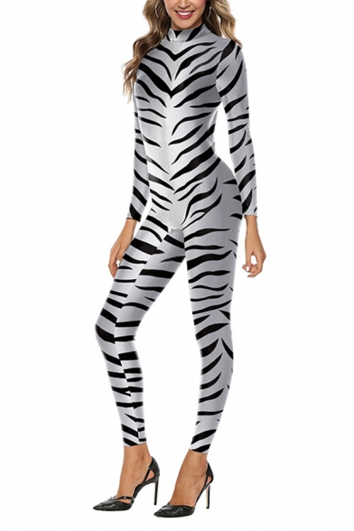 Womens 3D Jumpsuits Chic Zebra Stripe Printed Long Sleeve High Neck Slim Fitted 7/8 Length Jumpsuits