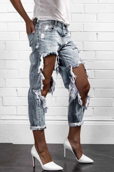 Womens Cool Destroyed Ripped Big Hole Rolled Cuff Casual Boyfriend Jeans
