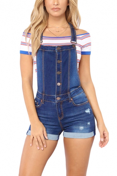 Womens Overalls Shorts Blue Creative Medium Wash Distressed Front Button Detail Rolled Cuffs Slim Fitted Overalls Shorts