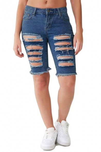 Womens Shorts Blue Simple Faded Wash Frayed Cuffs Hollow Hole Slim Fitted Zipper Fly Denim Shorts