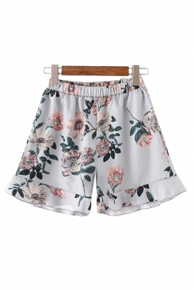 Womens Shorts Chic Flower Leaf Pattern Ruffle Hem Loose Fitted Elastic Waist Relaxed Shorts