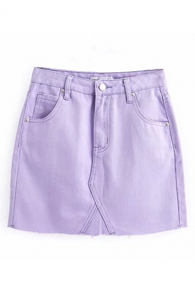 Womens Skirt Fashionable Solid Color Raw Edge Denim Zipper Fly Mini Bodycon Skirt