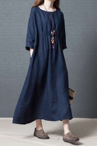 Basic Womens Linen and Cotton Plain Long Sleeve Round Neck Long Oversize Dress