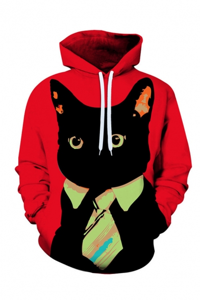 Casual Hooded Sweatshirt Necktie Cat 3D Printed Drawstring Pocket Regular Fit Full Sleeve Hooded Sweatshirt for Men