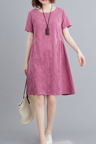 Casual Jacquard Pleated Round Neck Short Sleeve Mini Swing T Shirt Dress for Women