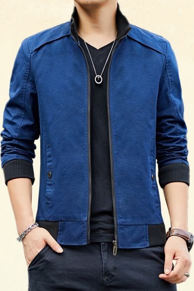 Chic Mens Jacket Contrast Trim Panel Plaid-Lined Zipper up Turn-down Collar Long Sleeve Slim Fitted Varsity Jacket